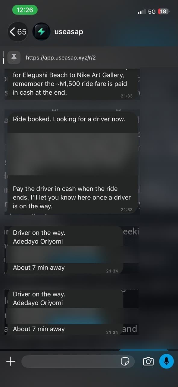 WhatsApp chat showing ASAP booking a Bolt ride, driver on the way