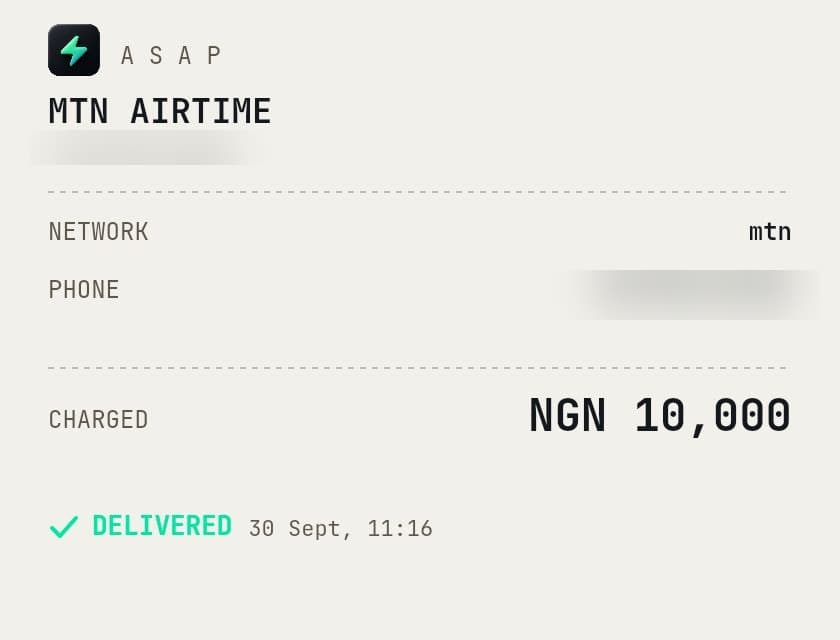 ASAP receipt for an MTN airtime top-up, delivered instantly