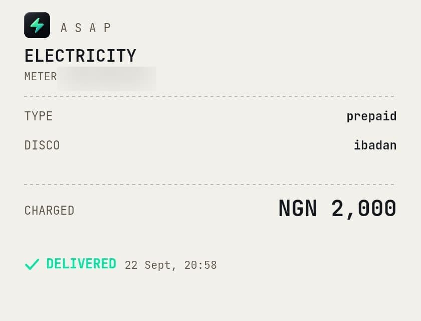 ASAP receipt for a prepaid electricity purchase, delivered to Ibadan disco